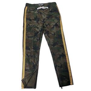 Rebel Minds Green Camo Print Jogger Pants Sz L Drawstring Gold Trim Ankle Zipper